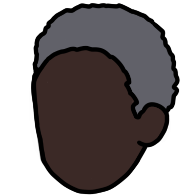 a 3/4 view of a featureless oval face with dark brown skin and a very short grey afro hairstyle